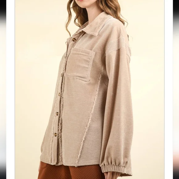 New In Mixed Media Oversized Button Down Beige Shacket Shirt Jacket - Picture 2 of 10